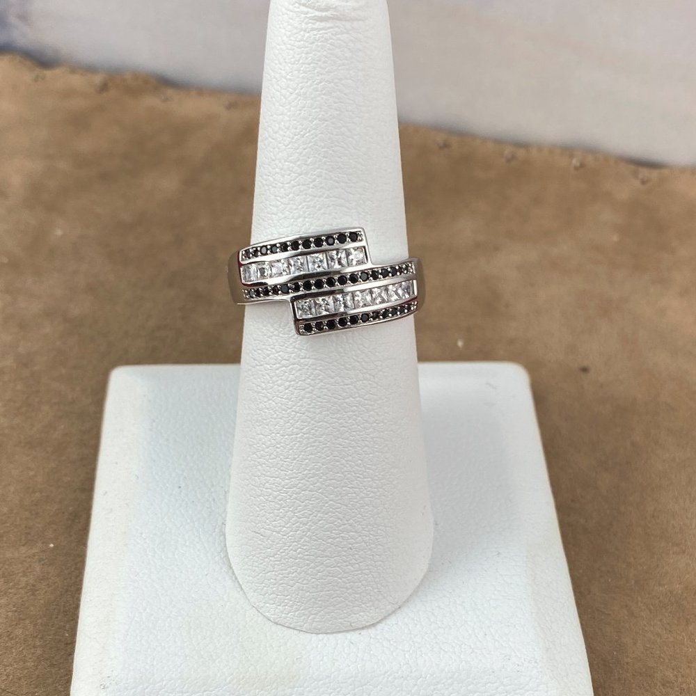 1/2CT Black Sapphire & CZ's Pave Set 925 Silver Ring